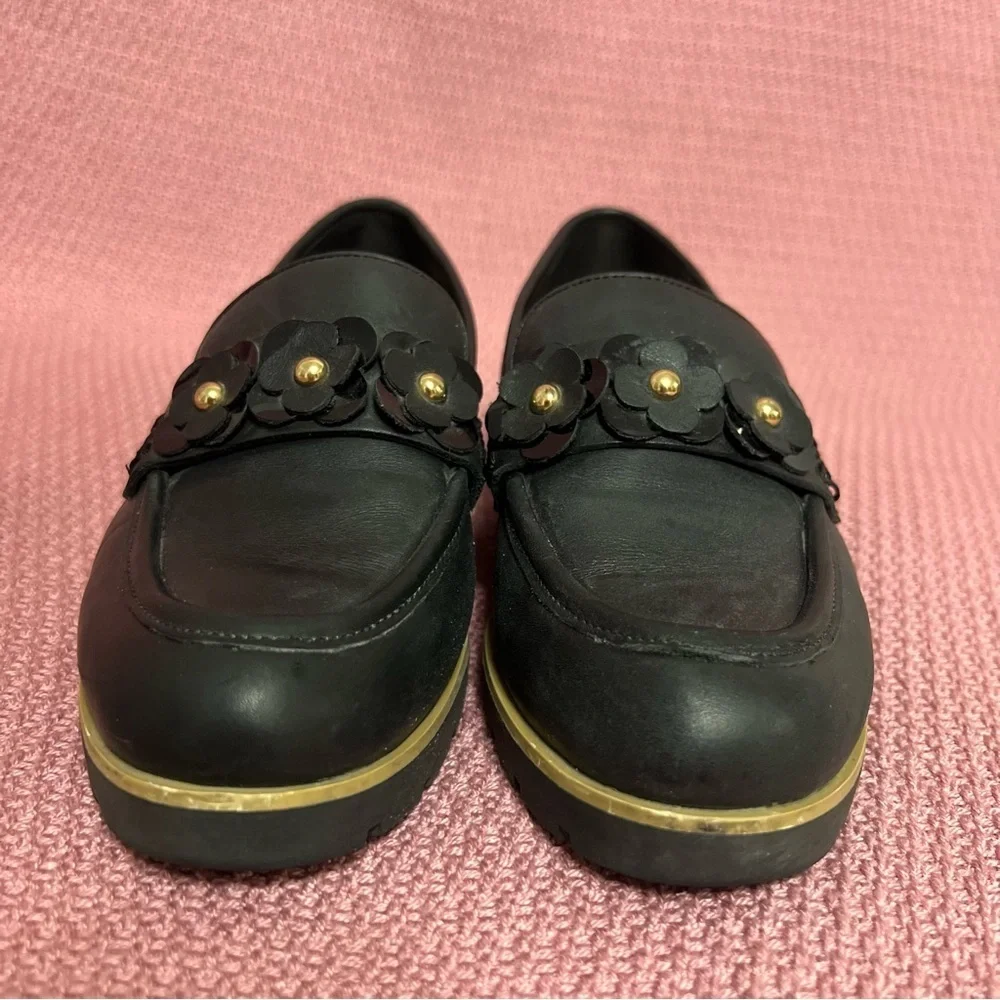 Kate Spade Karisa Black Leather Loafers, black floral/gold accent 7 1/2